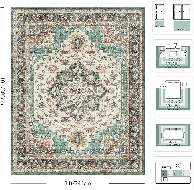 8x10 Area Rugs for Living Room - Washable Rug Vintage Distress Boho Medallion Rugs for Bedroom, Soft Non-Slip Backing Low Pile Carpet for Dining Room Office Nursery Dorm Home, Green Brown