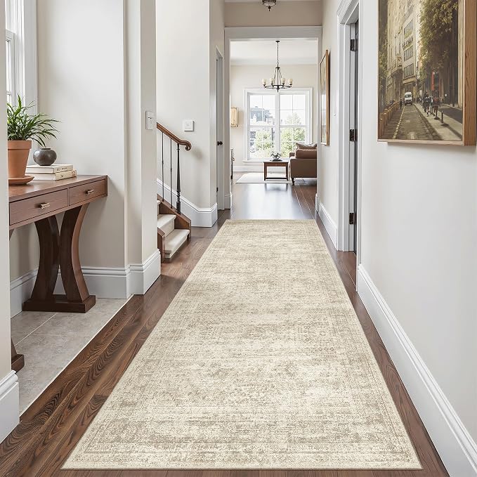 Soalmost Runner Rug 3x6 Washable Non-Slip Kitchen Runner Rugs for Bathroom Laundry Room Beige Vintage Floor Carpet Runners for Hallway Entryway