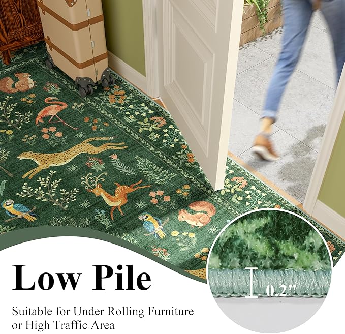 DUKINO 5x7 Rug, Washable Animal Living Room Rug with Non Slip Vintage Design, Soft Low Pile Large Carpet for Bedroom, Nursery, Dining Room, Farmhouse, Playroom, Green