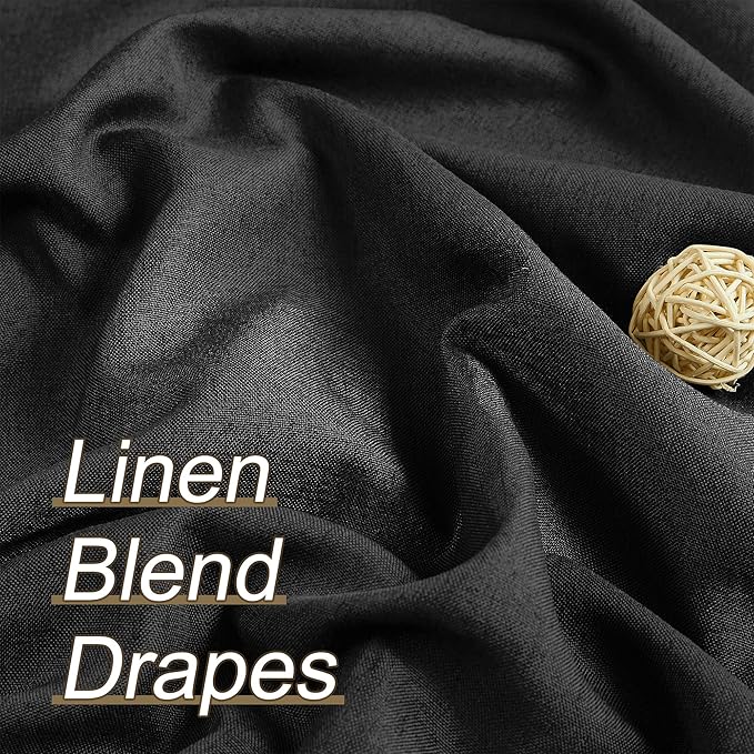 Black Linen Pinch Pleated Blackout Curtains & Drapes 95 Inch Long 2 Panel Sets, Accordion Style Track Room Darkening Thermal Insulated Curtains with Hooks Back Tab 50 by 95 Inch