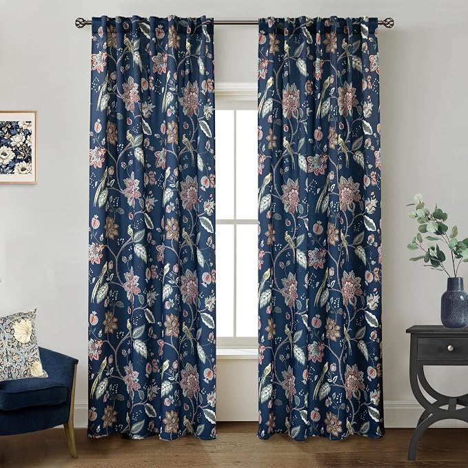 Navy Blue Vintage Floral Patterned Curtains for Living Room - William Morris Victorian Decorative 70% Blackout Moody Pattern Green Dark Academia Curtains Drapes 84 Inch Length 2 Panels Set for Bedroom