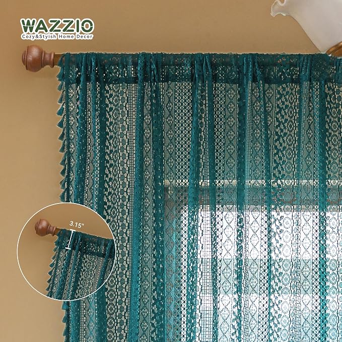WAZZIO Boho Lace Curtains 84 Inches 2 Panel,Light Filtering Privacy Tassel & Geometry Crochet Semi Sheer Curtain Drapes for Bedroom Living Dining Room,Rod Pocket & Tassel,Coastal Style,Teal
