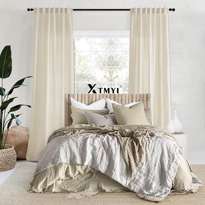 XTMYI Tan Beige Curtains 84 Inches Long for Living Room,Sheer Linen Hooks Pleated Back Tab Light Filtering Semi Opaque Curtains for Bedroom,Set of 2 Panels