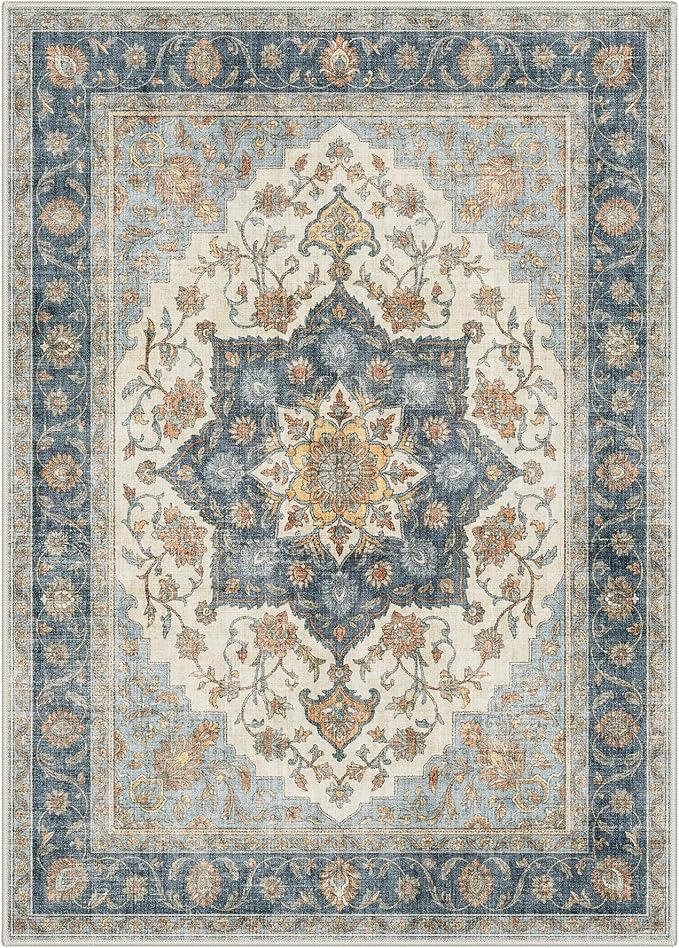 GENIMO 5x7 Area Rugs for Living Room, Machine Washable Non Slip Rugs, Low Pile Lightweight Print Rug for Bedroom, Dining Room, Home Office, Vintage Blue Medallion