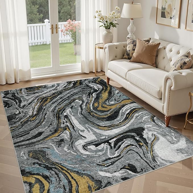 DMOYEST 6x9 Area Rug for Living Room - Washable Neutral Modern Abstract Rugs Soft Non-Slip Carpet Low Pile Indoor Floor Mat for Bedroom & Dining Room Decor for Families with Kids and Pet-Black Golden