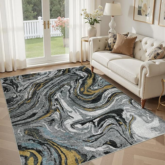 DMOYEST 6x9 Area Rug for Living Room - Washable Neutral Modern Abstract Rugs Soft Non-Slip Carpet Low Pile Indoor Floor Mat for Bedroom & Dining Room Decor for Families with Kids and Pet-Black Golden