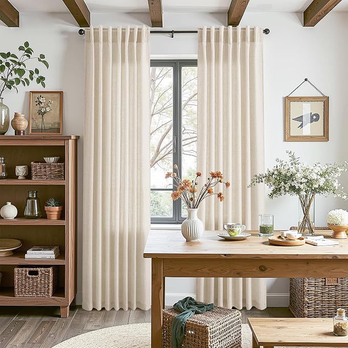 Nanspring Linen Curtains 70 Inch Length for Living Room Back Tab Semi Sheer Light Filtering Curtain Rod Pocket Rustic Boho Farmhouse Window Drapes for Bedroom 2 Panels Cream Beige,52x70