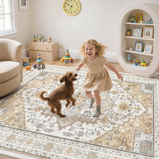 UERMEI 6x9 Area Rug for Living Room - Washable Vintage Carpet, Non-Slip Soft Large Indoor Floor Rugs for Bedroom Home Office & Under Dining Table Decor, Brown Beige
