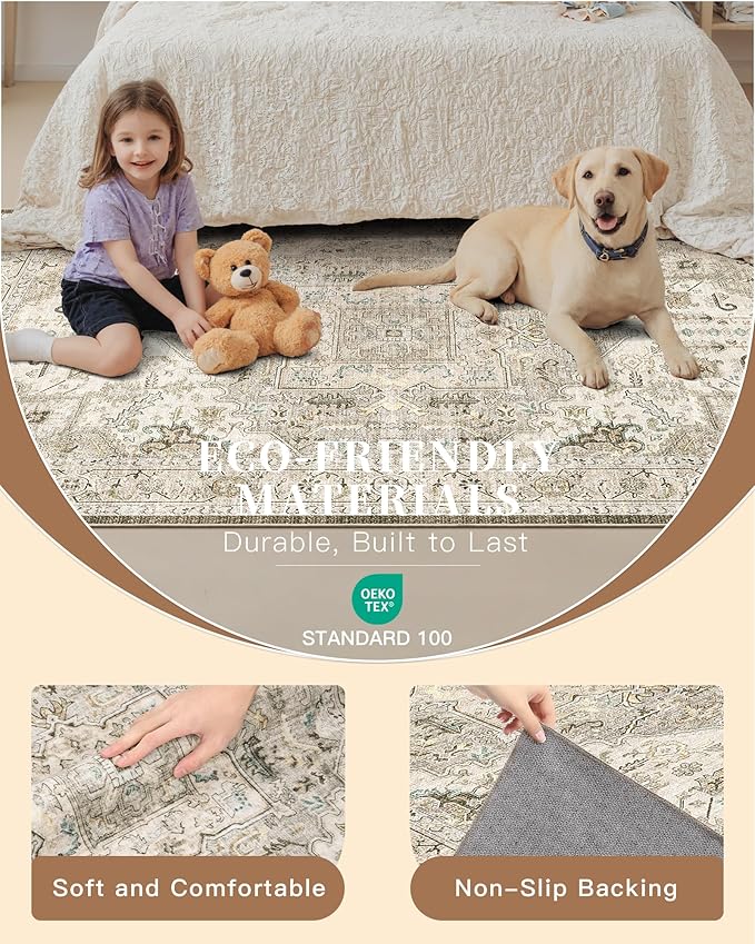 Madane Washable Runner Rug 2x6 Runners for Hallways Non Slip, Ivory/Brown | Vintage Stain-Resistant 6 Feet Kitchen Rug, Soft Low-Pile Ultra-Thin Floor Carpet Mat for Bathroom Laundry Room Bedroom 2x6ft