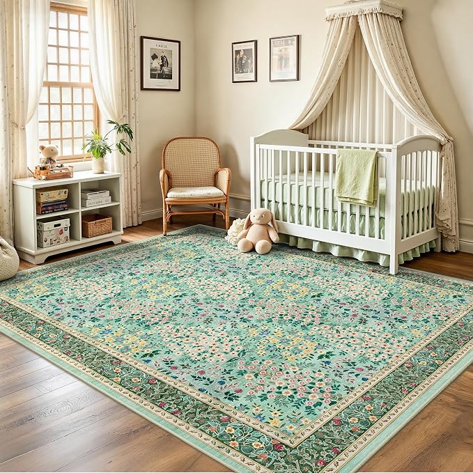 5x7 Area Rugs, Vintage Washable Rug for Bedroom, Indoor Non-Slip Rugs for Living Room, Dining Room, Low Pile Home Decor Floral Rug(Green Floral)