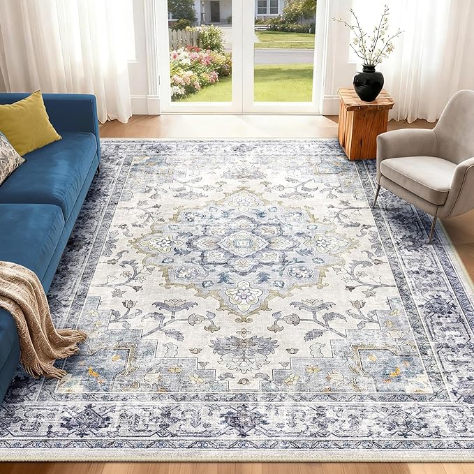 CAPALOCA Machine Washable Rugs Nursery Rug 4x6 Cute Girl Non Slip Low Pile Water Repellent Soft Print Pattern for Bedroom Indoor Decor Kids Playroom Blue White