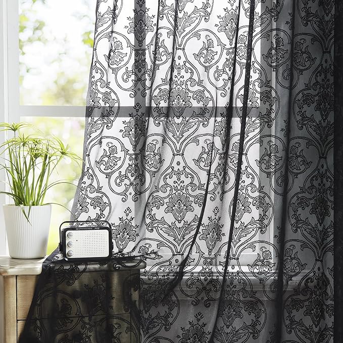 Treatmentex Damask Lace Sheer Curtains Black - Vintage Luxury Traditional Floral Sheer Curtain Panels 84 inches Long Victorian Boho Doorway Curtains Witchy/Goth Room Decor 54 x 63 Inch Black