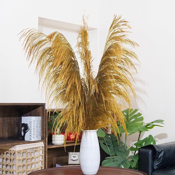Golden Pampas Grass Decor Tall,Dried Pampas Grass, Pompas Floral for Vase, Elegant Feather Flowers for Wedding Decorations, Living Room Decor (Natural Gold, 8pcs 31.5"(80cm))