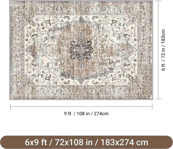befbee 6x9 Area Rugs for Living Room,Super Soft Ultra-Thin Stain Resistant Machine Washable Rugs for Bedroom,Non-Slip Backing Large Area Rug(Brown/Grey,6'x9')