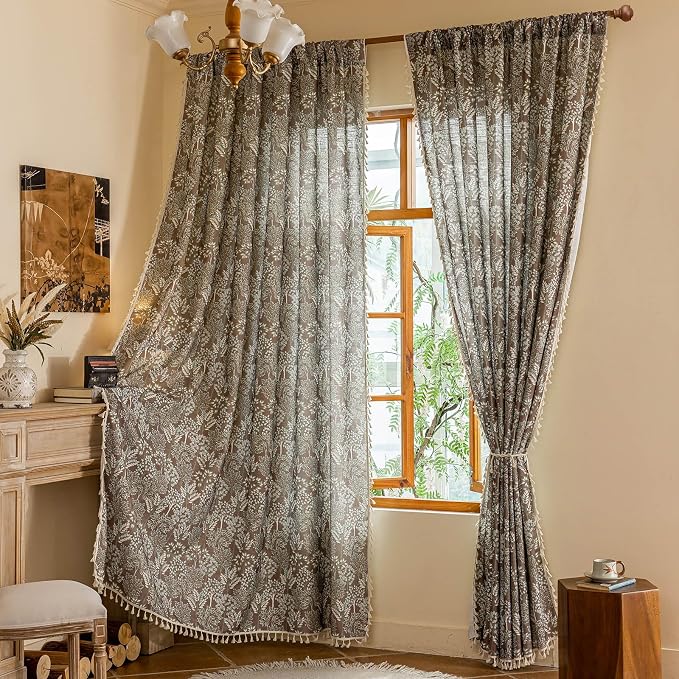 OYX Boho Floral Curtains 84 Inch Length 2 Panels, Linen Farmhouse Curtains Light Filtering Drapes with Tassels for Bedroom Living Room, Vintage Rustic Printed Rod Pocket