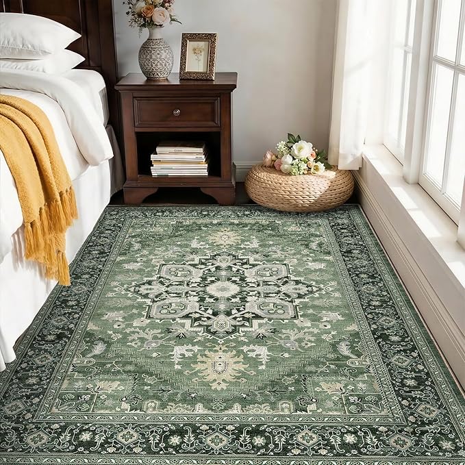 OPPODREAM Soft Neutral Area Rugs 4x6, Low-Pile Washable Rugs 4x6 with Non Slip Backing, Faux Cashmere 4 x 6 Throw Carpet, Dark Green
