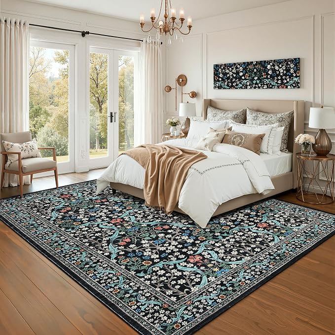 GarveeHome Washable Rug for Living Room, 9x12 Large Area Rug for Dining Room Under Table, Bedroom, Floral Soft Low Pile Non Slip Stain Resistant Carpet for Nursery, Playroom, Office, Black