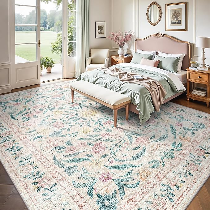 8x10 Area Rugs, Machine Washable Low Pile Floral Rugs for Living Room, Bedroom, Large Boho Area Rug with Non-Slip Backing for Dining Room(Pink Bloom)