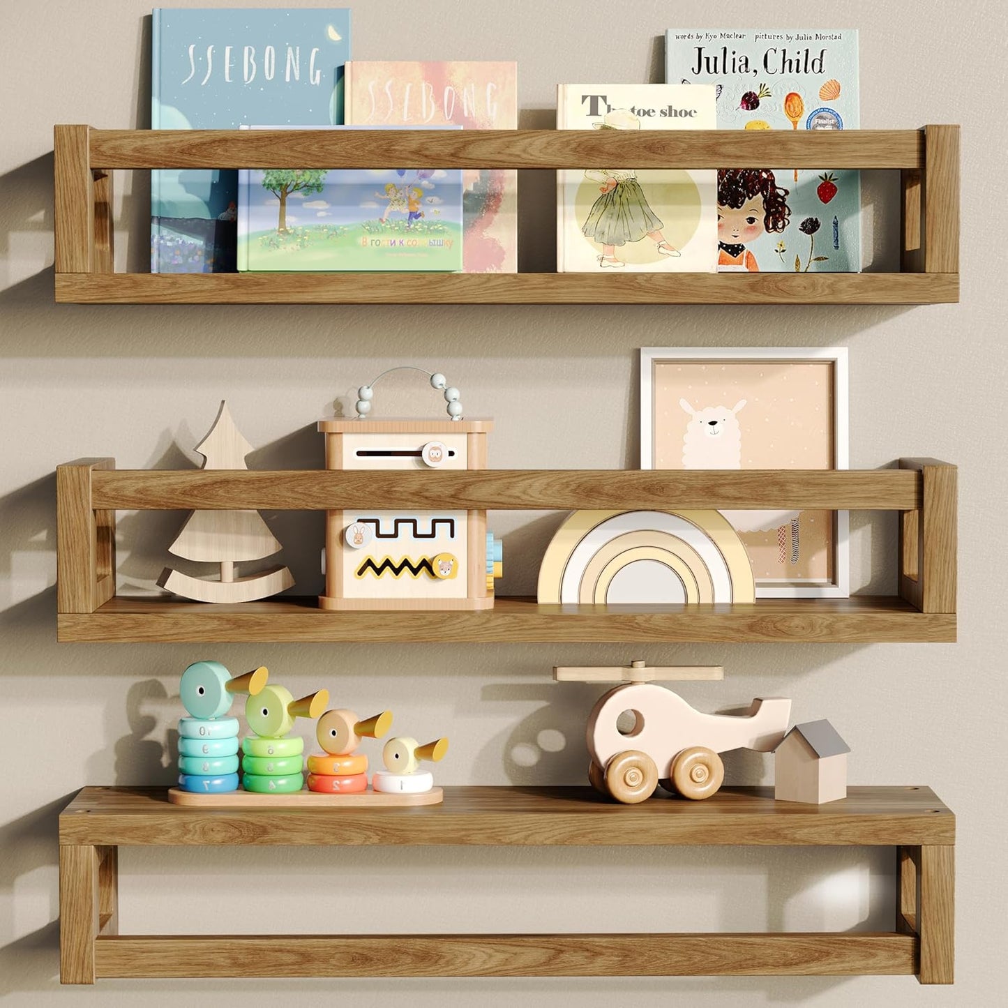 Upgraded Thick Floating Shelves - Multi-Use Wall-Mounted Bookshelves for Kids and Nursery, Ideal for Books, Toys, Spice Rack, Decor - Walnut Brown