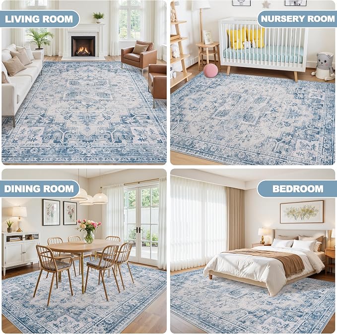 6x9 Area Rugs for Living Room:Blue Washable Vintage Medallion Boho Rug Non-Slip No Slip Stain Resistant Soft Low Pile Large Rugs Indoor Retro Carpet for Bedroom Nursery Dining Office (Blue Grey 6'x9')