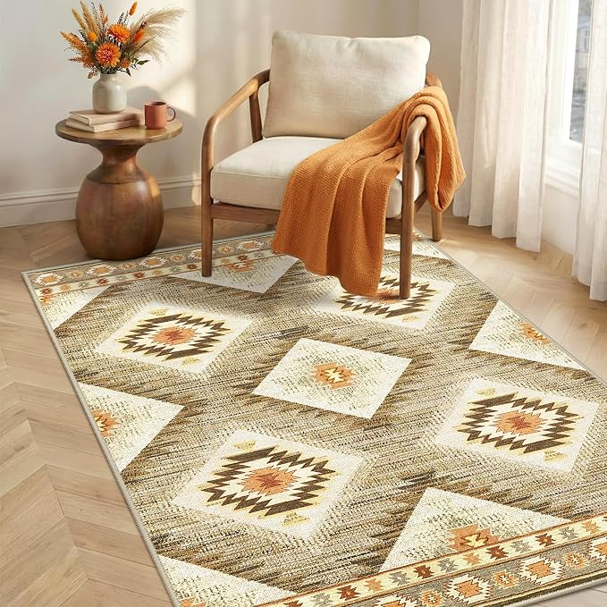 BESTSWEETIE Area Rug 3x4 Rug Machine Washable Non-Slip Low Pile Print Pattern Western Rug for Living Room Bedroom Entryway Tribal Series-Cream/Camel