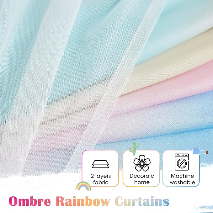 Rainbow Ombre 100% Blackout Curtains 72 Inches Long 2 Panels for Kids Bedroom Living Room Double Layer Sheer Overlay Mix & Match Grommet Thermal Insulated Soundproof Drapes with Tiebacks