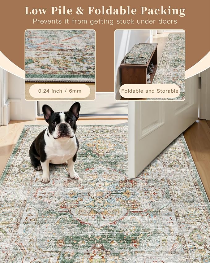 Madane Kitchen Runner 2'6''x8' Soft Rug Runners for Hallways, Green | Vintage Machine Washable Printed Rugs 2.5x8 Ft, Non-Slip Low Pile Stain-Resistant 8ft Floor Carpet for Laundry Room, Corridor