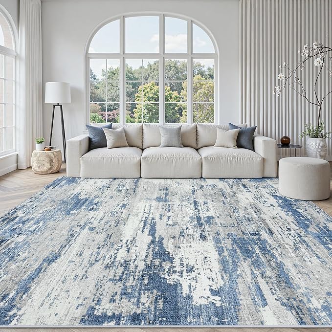 Area Rugs 10x14 Living Room: Large Soft Washable Rug Modern Abstract Anti-Skid Non-Shedding Carpet Indoor Floor Thin Carpets for Bedroom Dining Room Farmhouse Nursery Home Office Grey Blue