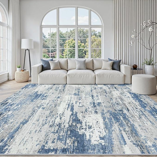 Area Rugs 8x10 Living Room: Large Soft Washable Rug Modern Abstract Anti-Skid Non-Shedding Carpet Indoor Floor Thin Carpets for Bedroom Dining Room Farmhouse Nursery Home Office Grey Blue