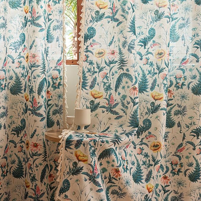 Deeprove Boho Florals Print Curtains 84 Inches Long with Tassel, Palm Leaves Sheer Window Treatments Vintage Drapes for Bedroom Living Room Abstract Privacy 2 Panels Pair 52W x 84L