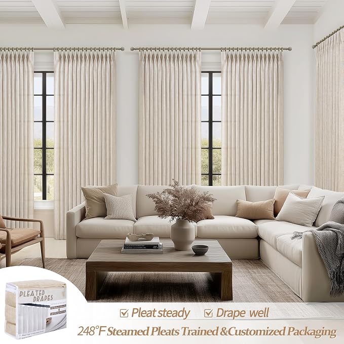 PleatedDrapes Natural Extra Wide 70 x 96 Inch Privacy Curtains That Let Light in for Sliding Glass Doors, Neutral Memory Trained Pinch Pleat Linen Semi Sheer Drapes 8 FT Kids Room Light-Filtering Burg