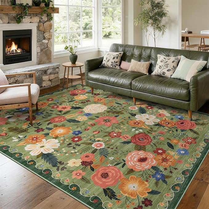 6x9 Washable Area Rug for Living Room, Floral Non-Slip Non-Shedding & Easy Care, Soft Low Pile Vintage Indoor Floor Carpet for Living Room, Bedroom, Farmhouse, Dining Room, Kids Playroom, Green