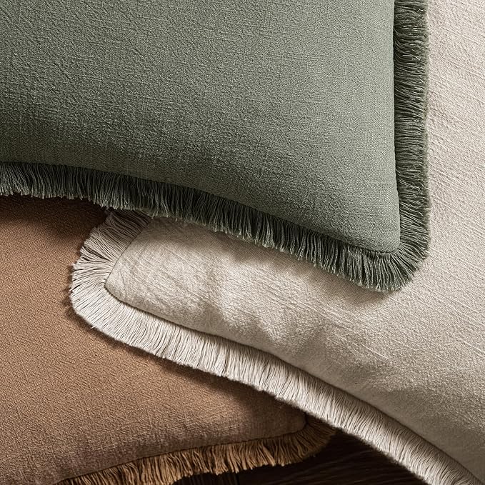 MIULEE Decorative Throw Pillow Covers Neutral Linen Fringe Throw Pillows Euro Shams Set of 2 Light Olive Green Boho Farmhouse Cushions for Couch Sofa Bed Living Room Spring Home Decor 28x28 Inch