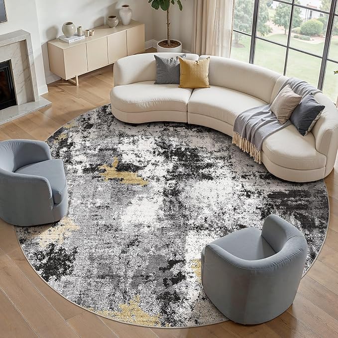 Abstract 12FT Round Rug: Machine Washable Non Slip Ultra Thin Low-Pile Carpet, Soft Stain Resistant for Living Dining Room Bedroom, Kid Pet Friendly, Robot Vacuum Compatible - Black Gold