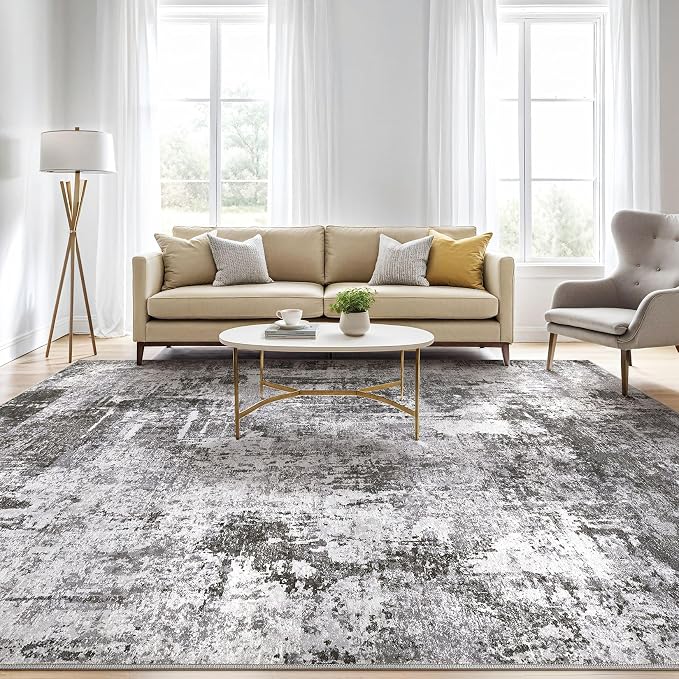 10x13 Area Rug Living Room: Washable Large Abstract Modern Soft Rugs Stain Resistant Indoor Floor Non-Slip Accent Carpet for Bedroom Nursery Playroom Office Dining Room Dorm Home House- Black Grey