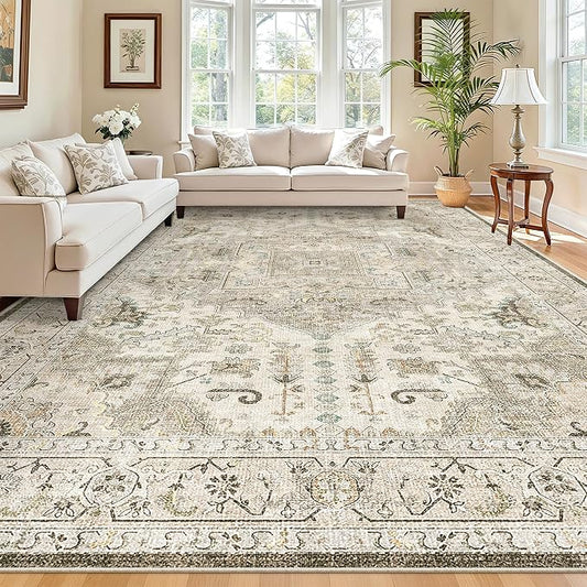 Madane 8x10 Area Rugs for Living Room, Non-Slip Washable Rug, Ivory/Brown | Ultra-Thin Stain Resistant Vintage Large 8'X10' Carpet, Low-Pile Floor Mat For Bedroom Dining Room Office Home Decor