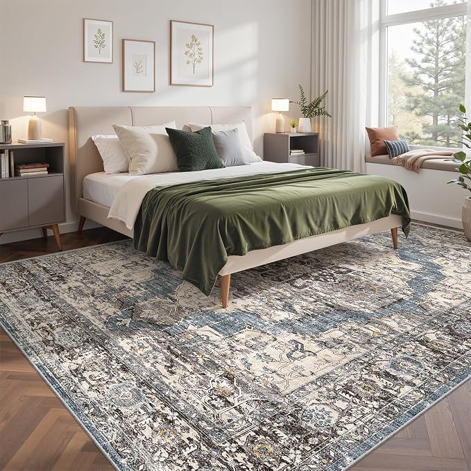 befbee 8x10 Area Rugs for Living Room, Stain Resistant Neutral Washable Rugs for Dining Room, Floral Vintage Non-Slip Thin Large Size Area Rug (Blue/Black)
