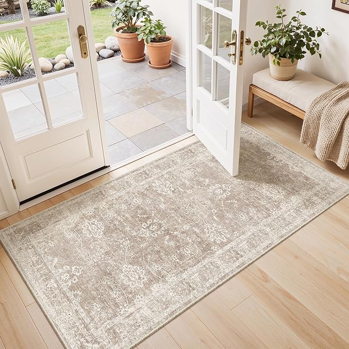 Madane 2x4 Washable Rugs for Entryway, Low Pile Non-Slip Small Area Rug Kitchen Door Mat, Vintage Soft Throw Neutral Rug Floor Mat for Indoor Front Entrance Bathroom Hallway (2 x 4, Brown/Sand)