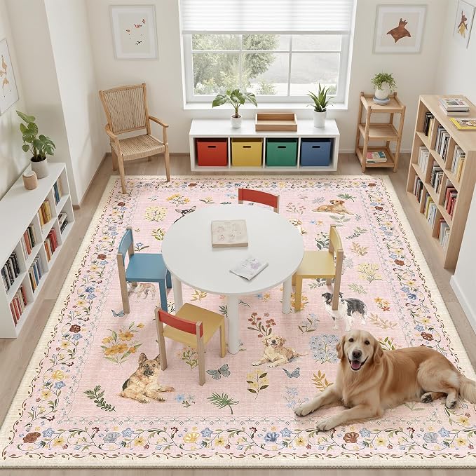 Soalmost Dog 8x10 Pink Area Rugs for Baby Girl Nursery, Washable Animal Floral Vintage Rug Non-Slip Low Pile Soft Throw Rugs for Living Room Dining Room Bedroom Playroom Classroom (8 x 10,Pink)