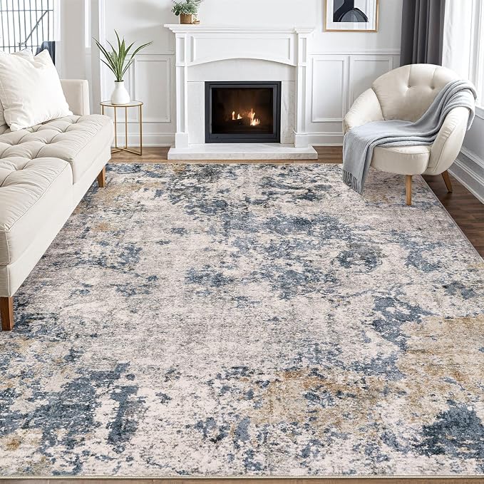 Area Rugs 10x12 Living Room: Washable Large Abstract Modern Neutral Soft Rug Stain Resistant Non-Slip Backing Carpet for Bedroom Dining Room Indoor Home Office Decor - Blue Brown