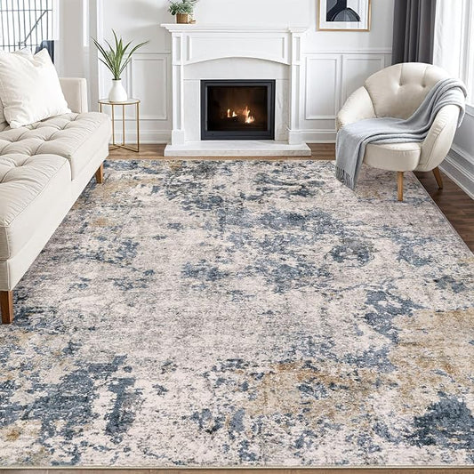 Area Rugs 10x12 Living Room: Washable Large Abstract Modern Neutral Soft Rug Stain Resistant Non-Slip Backing Carpet for Bedroom Dining Room Indoor Home Office Decor - Blue Brown