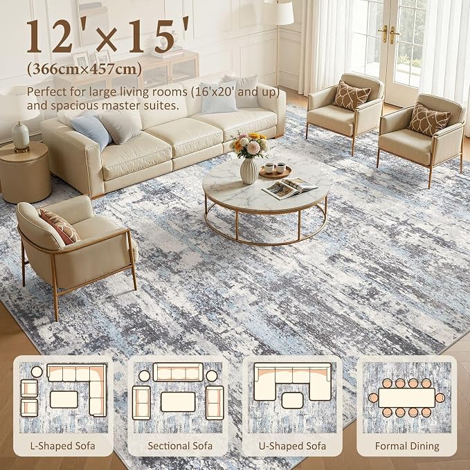 Area Rugs for Living Room: Abstract Washable Rug Modern Neutral Large Soft Stain Resistant Non-Slip Backing Machine Table for Bedroom Dining Room Indoor Home Office Carpet - 12x15 Blue Grey