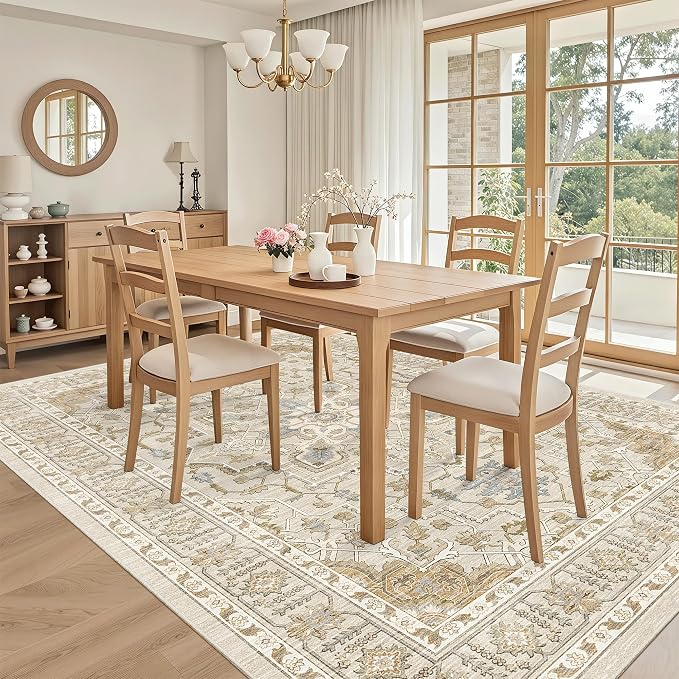 Madane 5x7 Area Rugs for Living Room, Non-Slip Washable Rug, Beige/Blue | Ultra-Thin Stain Resistant Vintage Large 5'X7' Carpet, Soft Low Pile Floor Mat For Bedroom Dining Room Office Home Decor