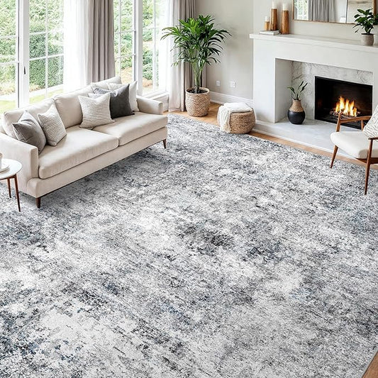 12x18 Living Room Area Rug - Washable Large Non-Slip Rug Modern Abstract Floor Carpet Neutral Thin Low-Pile Indoor mat for Bedroom Dining Room Playroom (Blue Gray,12x18)