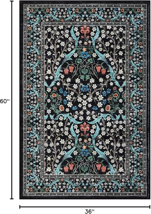 GarveeHome Floral 3x5 Area Rugs for Entryway, Washable Kitchen Rug Non Slip, Low Pile Bedroom Rug, Ultra Soft Stain Resistant Small Carpet for Laundry Room, Black