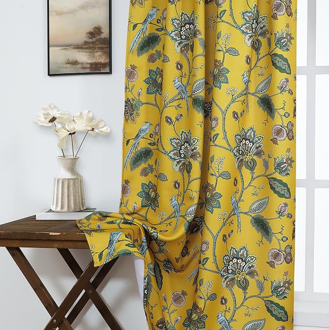 Mustard Yellow Vintage Whimsical Floral Curtains, Retro Mid Century Modern Patterned Blackout Curtain, Fun Hummingbird Boho Funky Curtains for Living Room Bedroom, 96 Inches Long 2 Panels Set