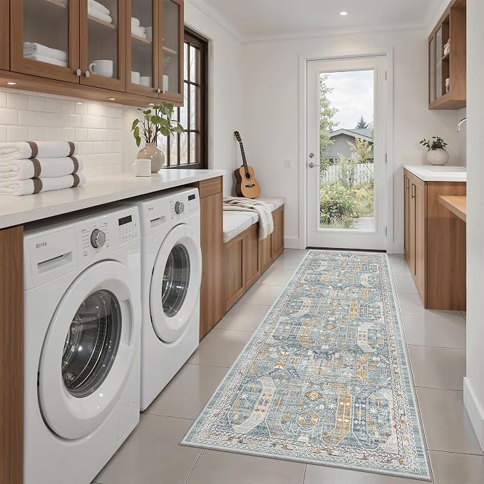 Madane Washable Runner Rug 2x6 Runners for Hallways Non Slip, Blue/Gold | Vintage Stain-Resistant 6 Feet Kitchen Rug, Soft Low-Pile Ultra-Thin Floor Carpet Mat for Bathroom Laundry Room Bedroom 2x6ft