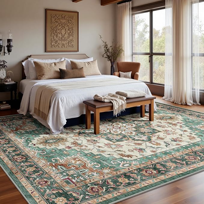 8x10 Area Rugs for Living Room - Washable Rug Vintage Distress Boho Medallion Rugs for Bedroom, Soft Non-Slip Backing Low Pile Carpet for Dining Room Office Nursery Dorm Home, Green Brown