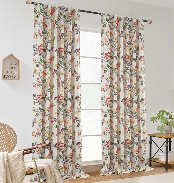 DriftAway Ada Floral Botanical Print Flower Leaf Lined Thermal Insulated Room Darkening Linen Blackout Back Tab Window Curtains 2 Layers Set of 2 Panels Each 52 Inch by 102 Inch Orange Terra Cotta