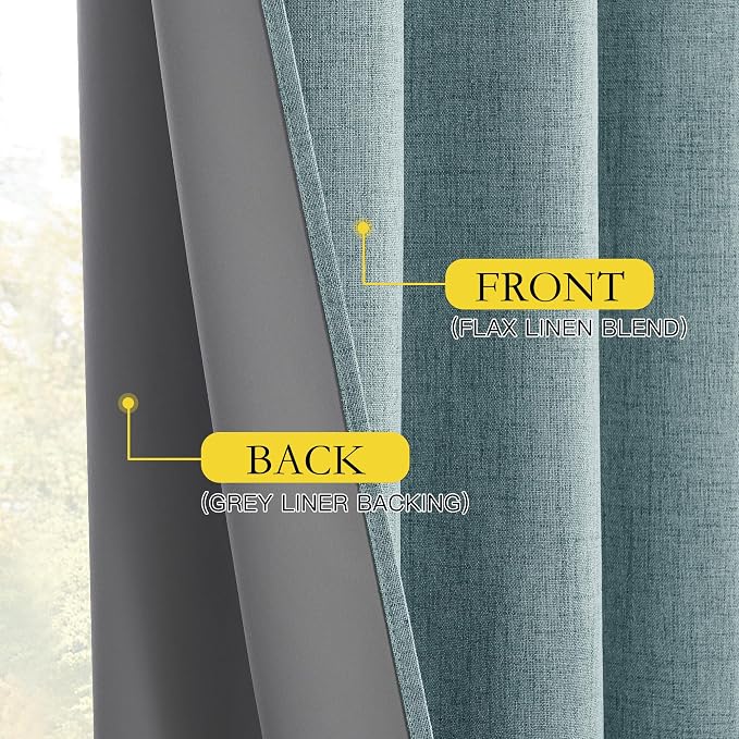 NICETOWN 100% Absolutely Blackout Linen Curtains with Thermal Insulated Liner, Skylark Blue, 62" Wide, 95" Length Energy Saving Curtains for Living Room 2 Panels Set, Vertical Blinds